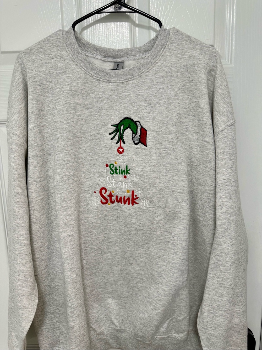 Gildan Light Heather Gray Crewneck with Green Grinch Hand and Red Accent
